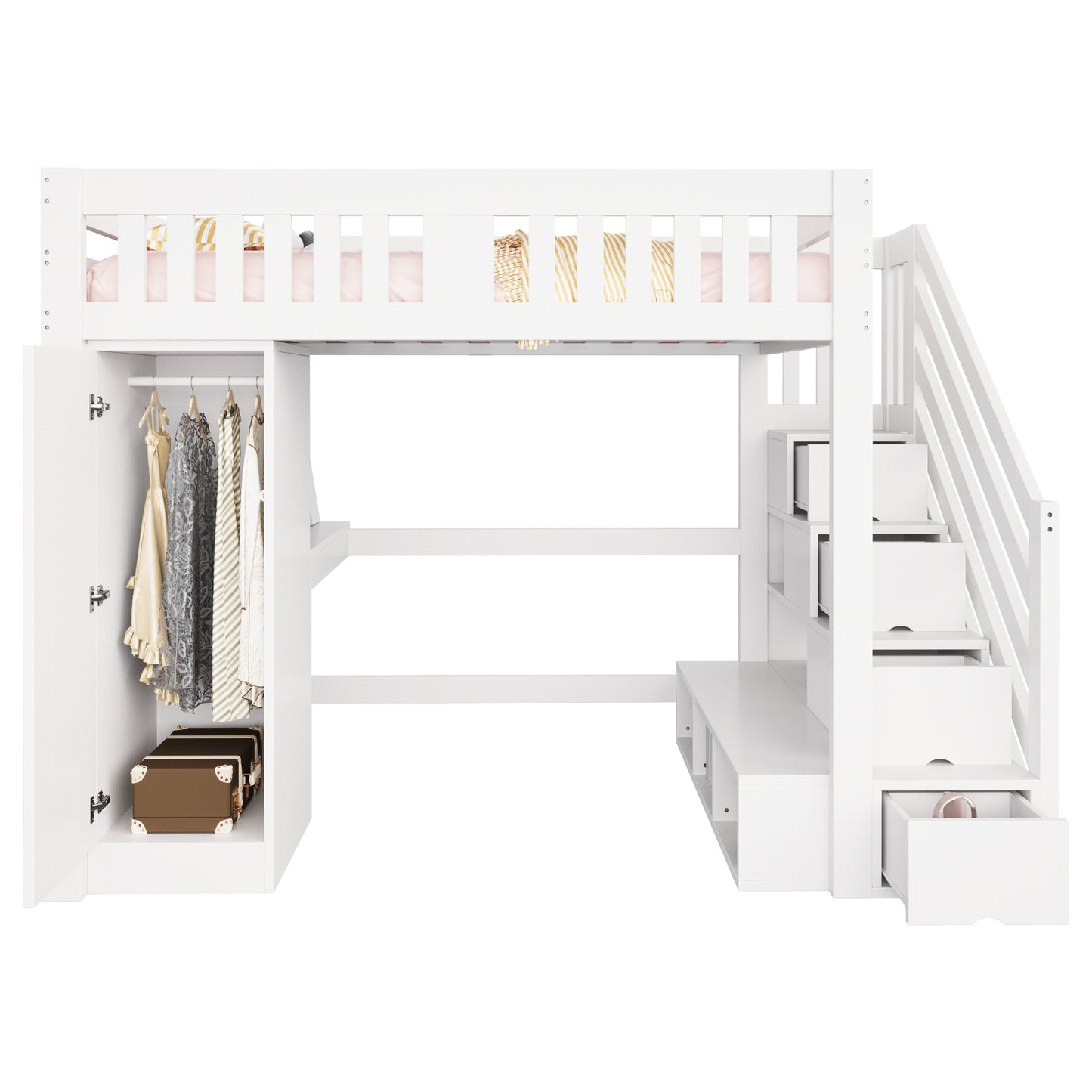 Wooden Bed, Stairs with Storage, and Desk Set