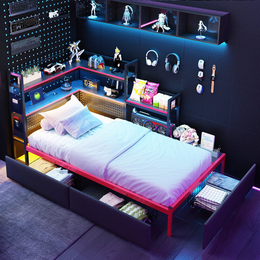 Gigab2b original image - Metallbettgestell im Gaming-Stil mit 3 Schubladen, LED-Beleuchtung, USB-Anschlüssen, Lochwand und Seitenregalen – Robustes Plattformbett mit cleverem Stauraum für Teenager- und Erwachsenenzimmer