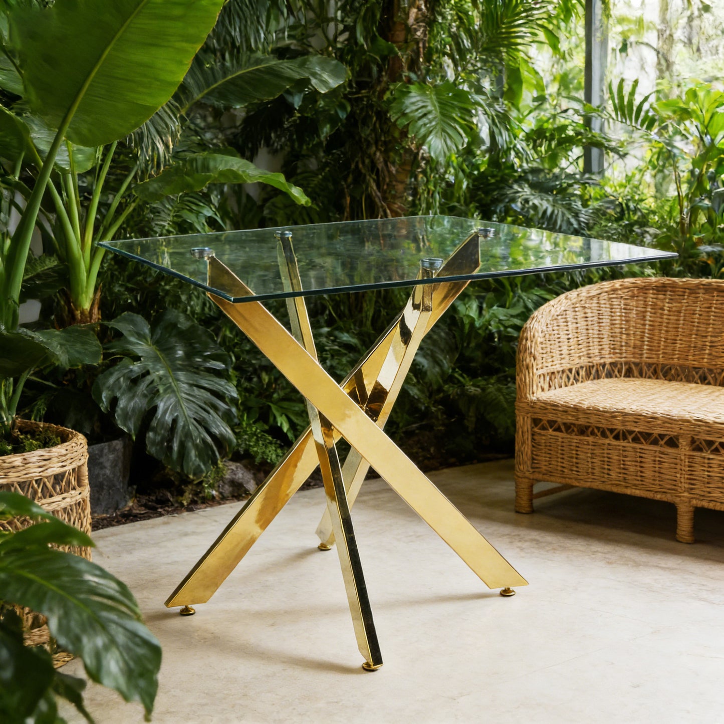 Gigab2b original image - Dining Table with cross metal leg and tempered glass,Modern Space Saving Kitchen Table for Living Room,chrome legs,Square table,golden legs,80x80x75cm