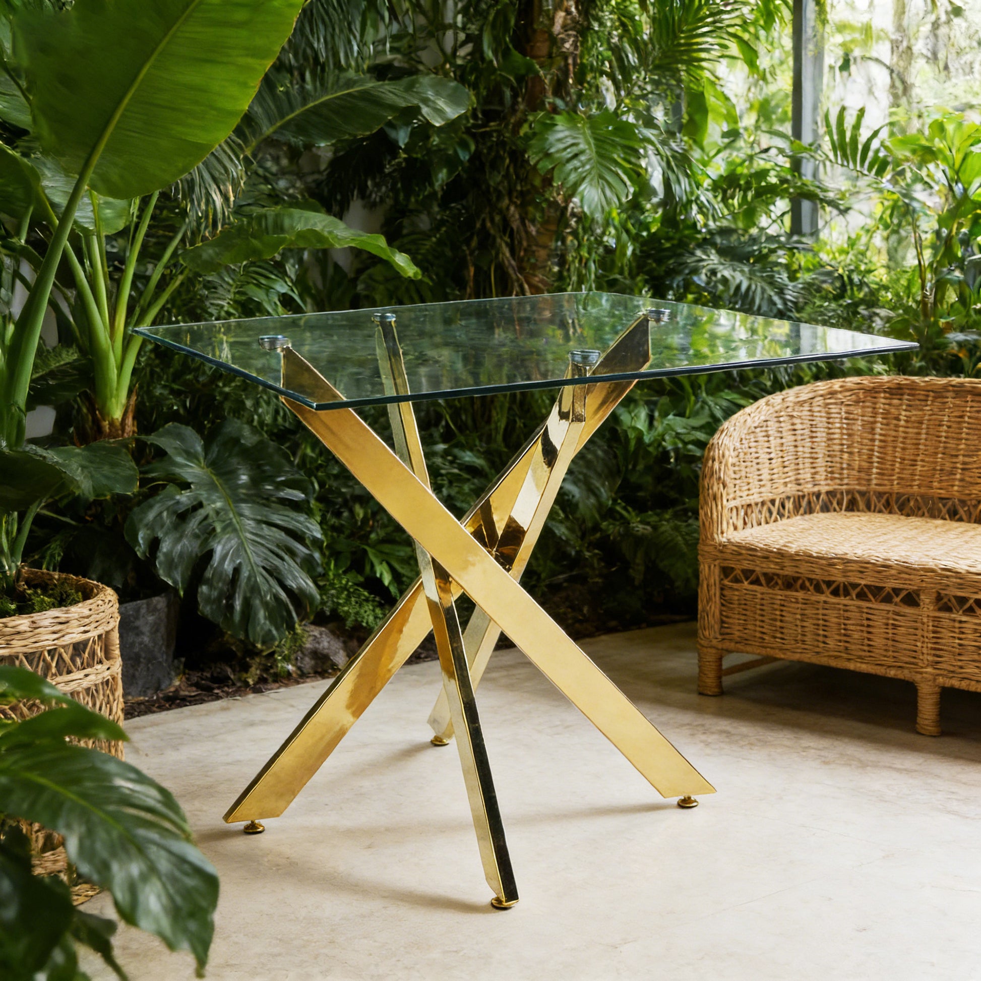 Gigab2b original image - Dining Table with cross metal leg and tempered glass,Modern Space Saving Kitchen Table for Living Room,chrome legs,Square table,golden legs,80x80x75cm