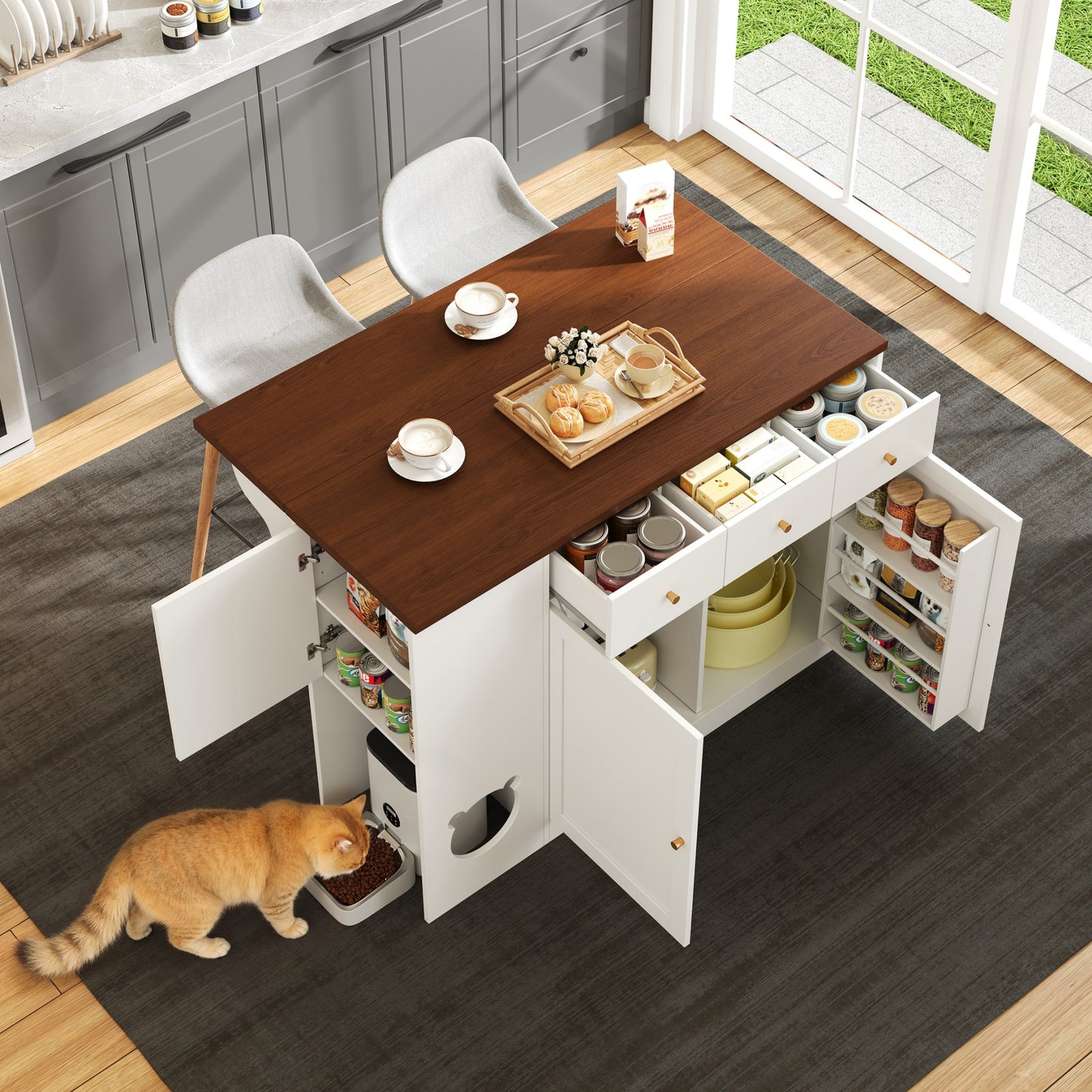 Gigab2b original image - Kücheninsel, Küchenwagen & Sideboard mit Schubladen – mit ausziehbarer Arbeitsplatte, Würzregal, Haustierfressbereich (ohne Katzensteller), Weiß + Nussbaumfarbe, 120×(40+30)×90 cm