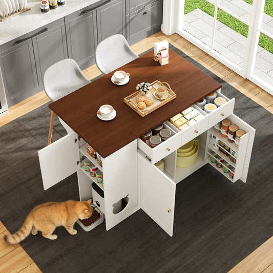 Gigab2b original image - Kücheninsel, Küchenwagen & Sideboard mit Schubladen – mit ausziehbarer Arbeitsplatte, Würzregal, Haustierfressbereich (ohne Katzensteller), Weiß + Nussbaumfarbe, 120×(40+30)×90 cm