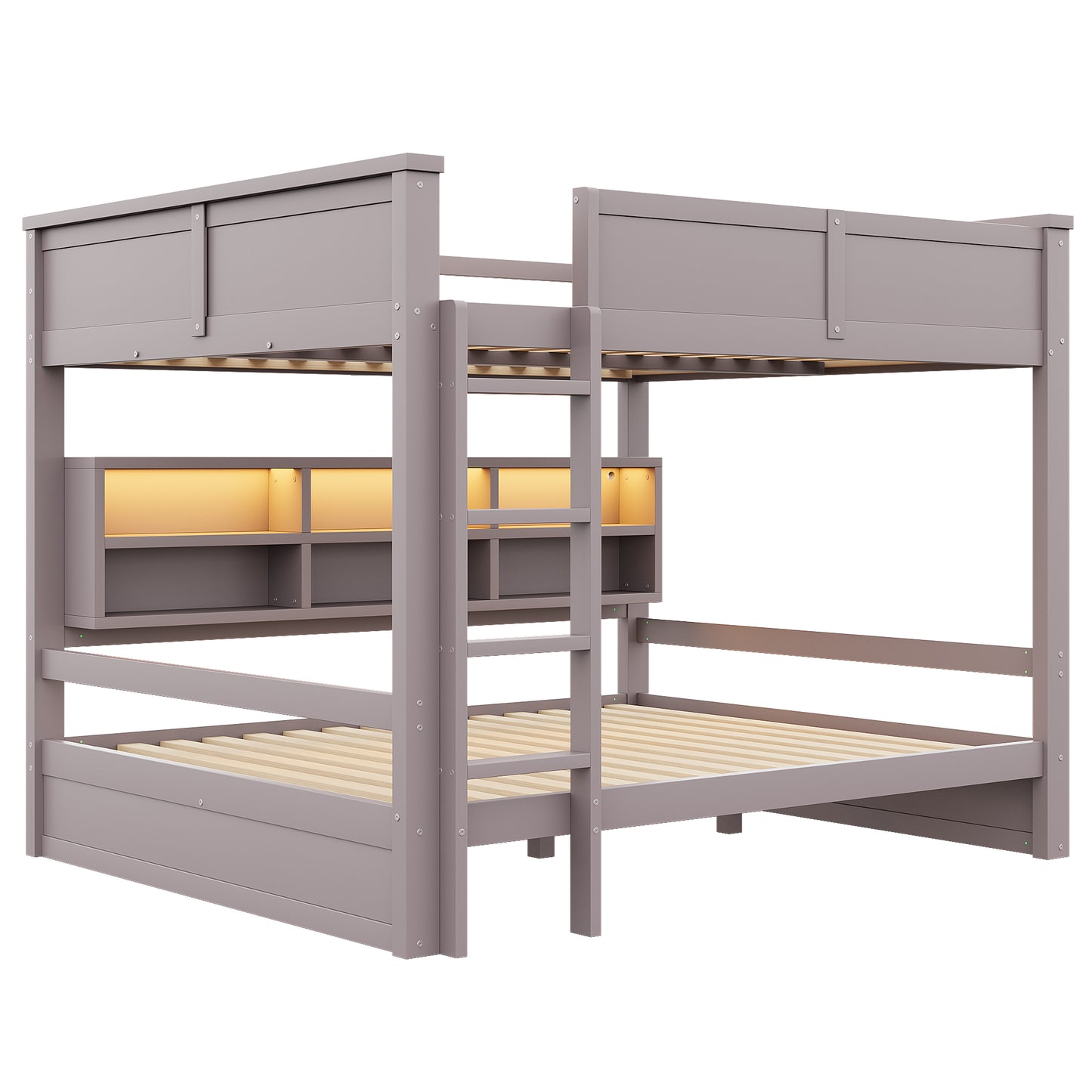160x200 Etagenbett mit Stauraumschränken und LED-Licht, Braun