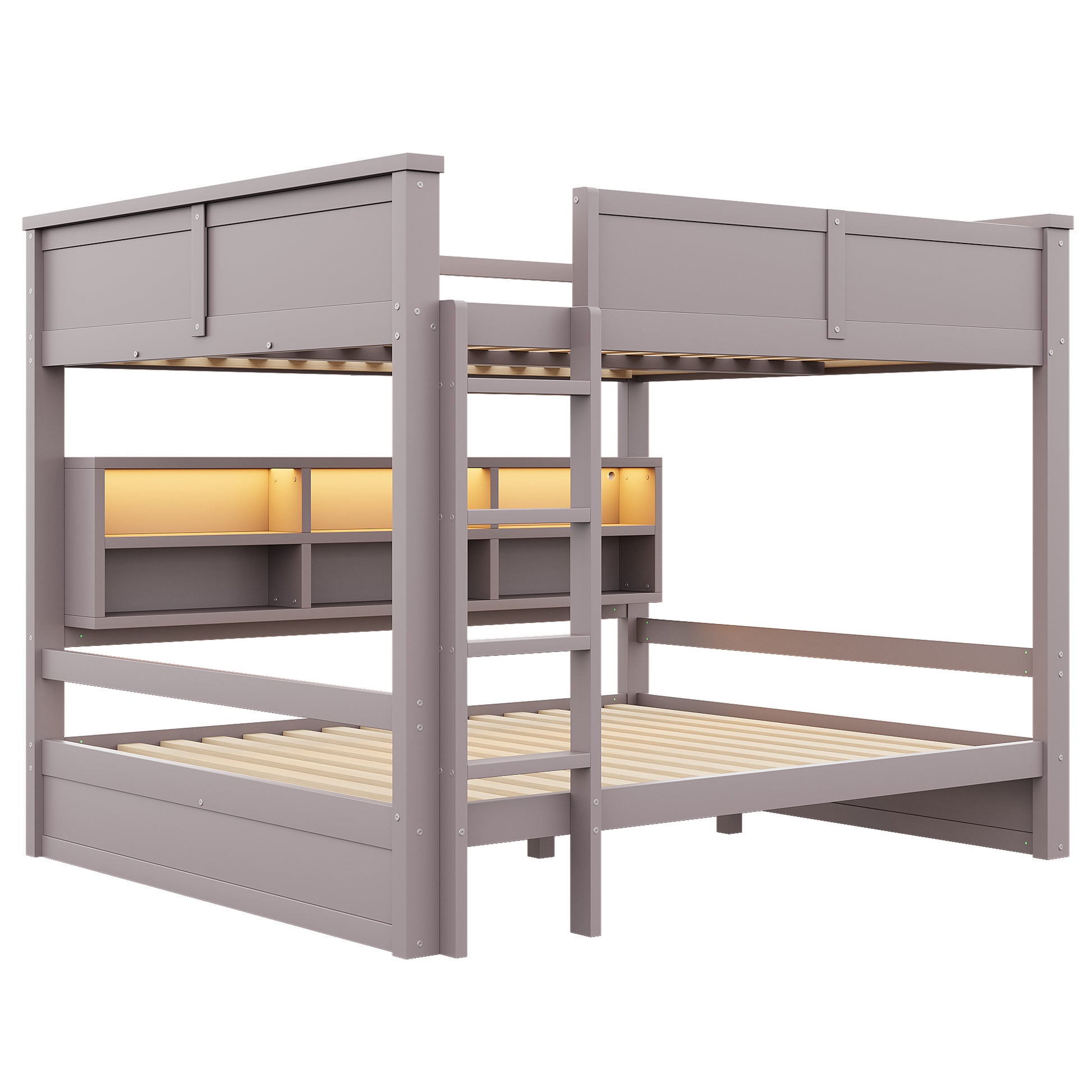 160x200 Etagenbett mit Stauraumschränken und LED-Licht, Braun
