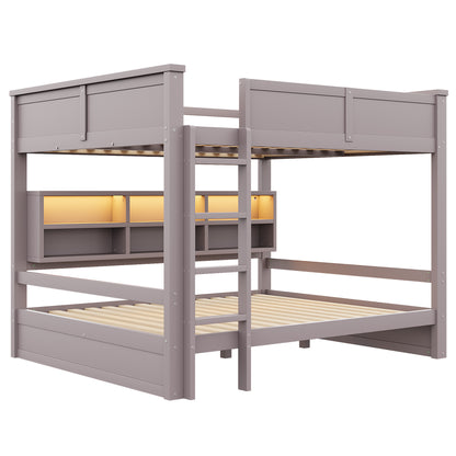 160x200 Etagenbett mit Stauraumschränken und LED-Licht, Braun
