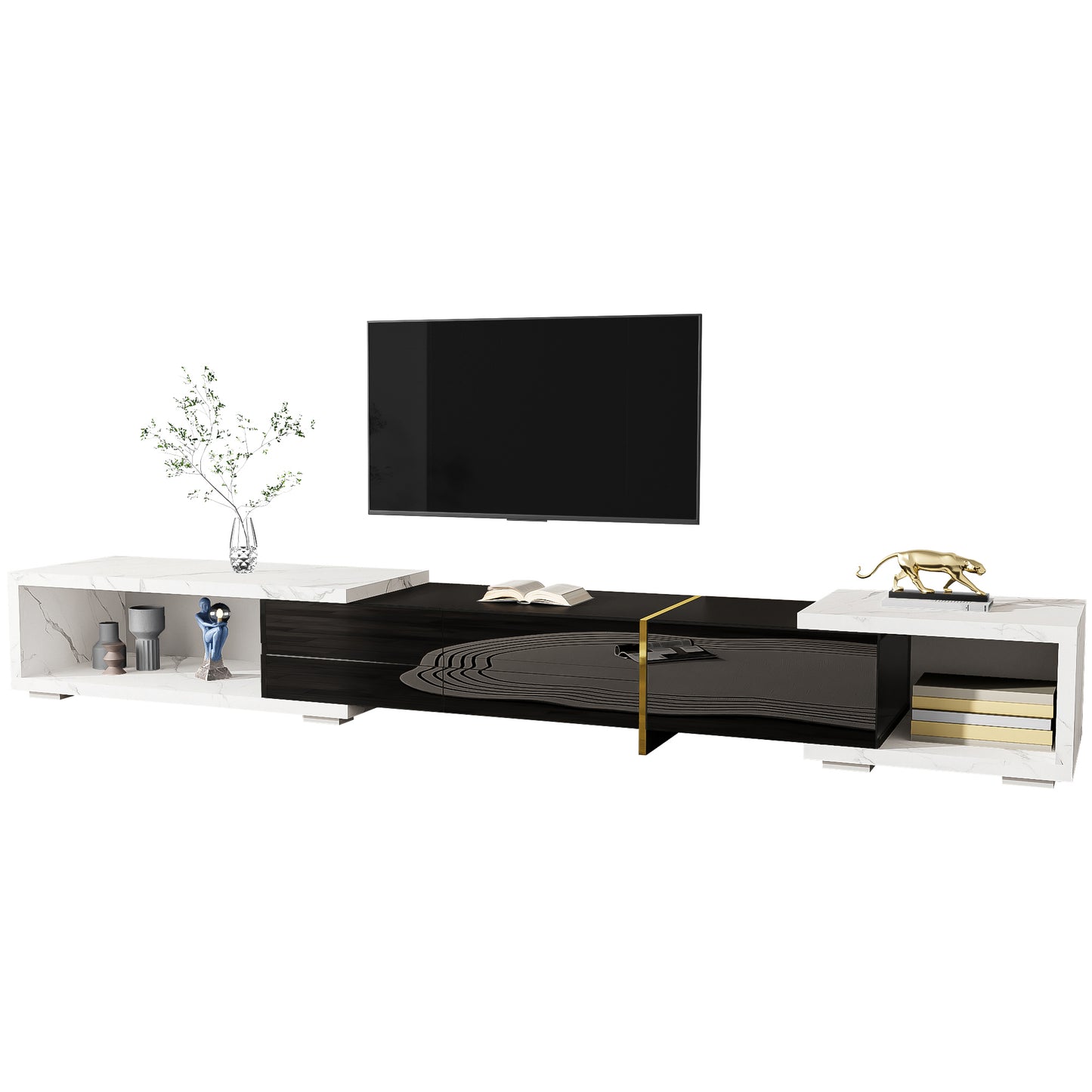 Gigab2b original image - Moderner TV-Schrank mit variabler Länge (140-260 cm), drehbarer Funktion, weißer Marmoroptik, schwarzem Hochglanz-Matt-Finish und goldenen Verzierungen