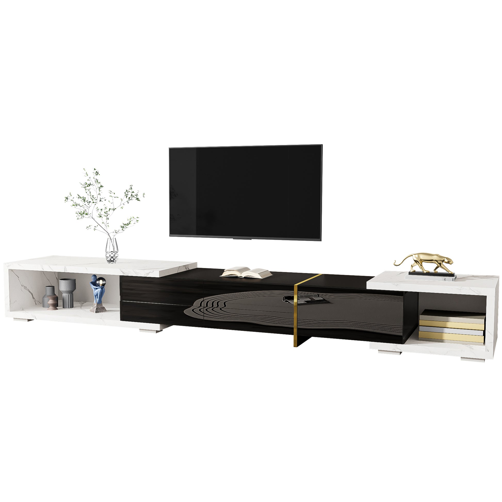 Gigab2b original image - Moderner TV-Schrank mit variabler Länge (140-260 cm), drehbarer Funktion, weißer Marmoroptik, schwarzem Hochglanz-Matt-Finish und goldenen Verzierungen