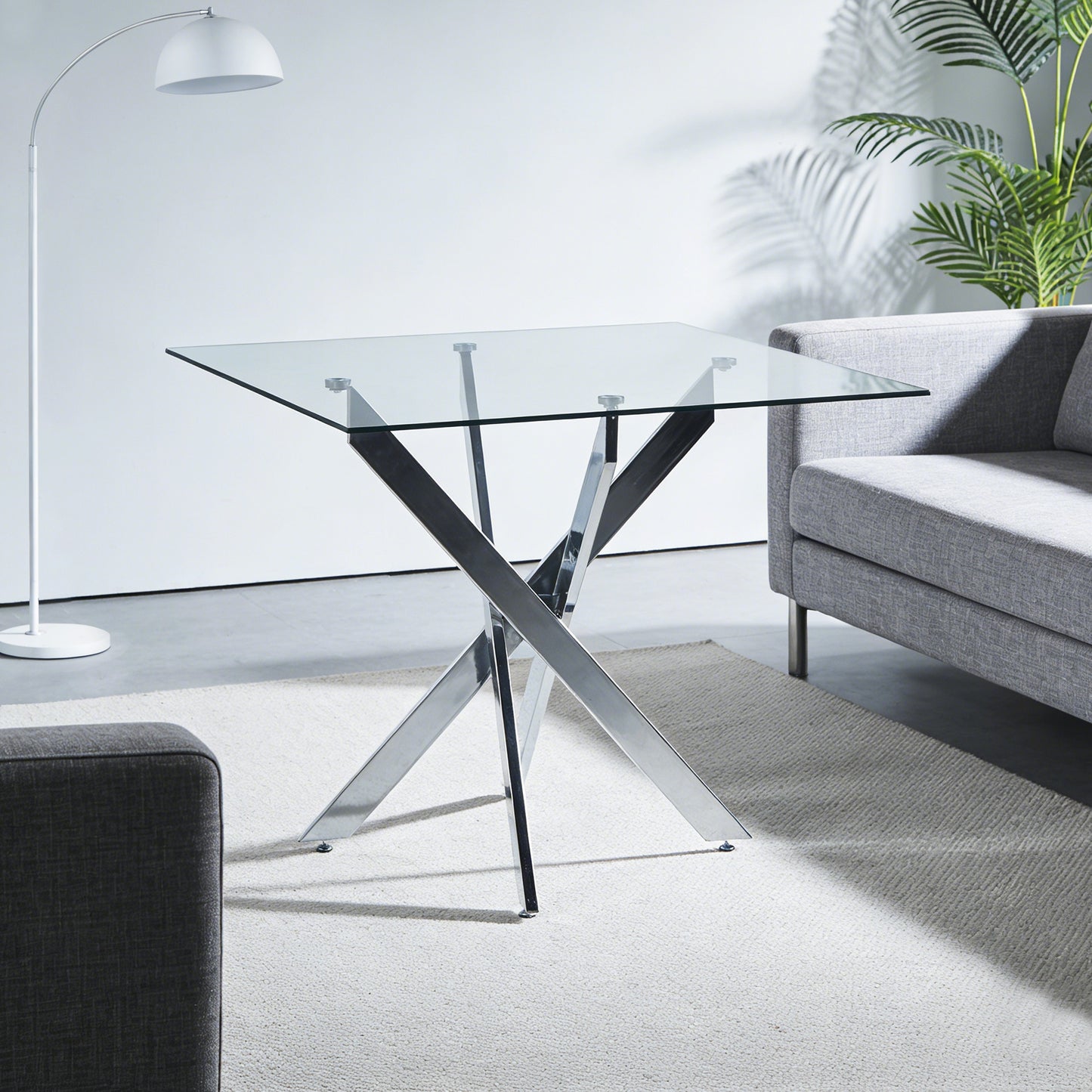 Gigab2b original image - Dining Table with cross metal leg and tempered glass,Modern Space Saving Kitchen Table for Living Room,chrome legs,Square table,silver legs,80x80x75cm