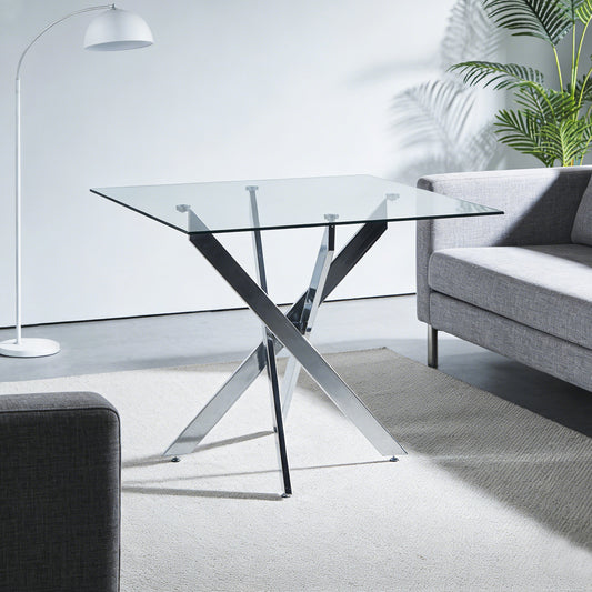 Gigab2b original image - Dining Table with cross metal leg and tempered glass,Modern Space Saving Kitchen Table for Living Room,chrome legs,Square table,silver legs,80x80x75cm