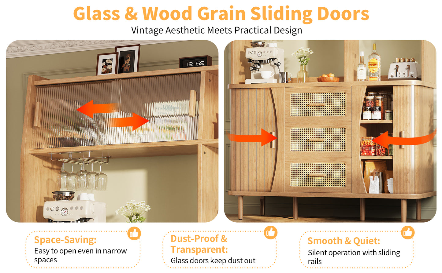 High-Quality Rattan Buffet Cabinet with Glass Doors and Storage
