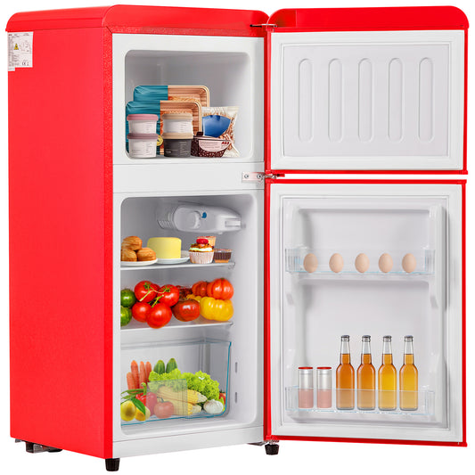Gigab2b original image - Retro-Kühlschrank. Gefrierkombination. 88,8 cm hoch, 45,5 cm breit, zweitürig, mit 60 Liter Gesamtvolumen, 22 Liter Gefriervolumen.  102 kWh/Jahr, -27°C ∽ 13°C, LED-Licht.  Premiumrot Energieklasse E