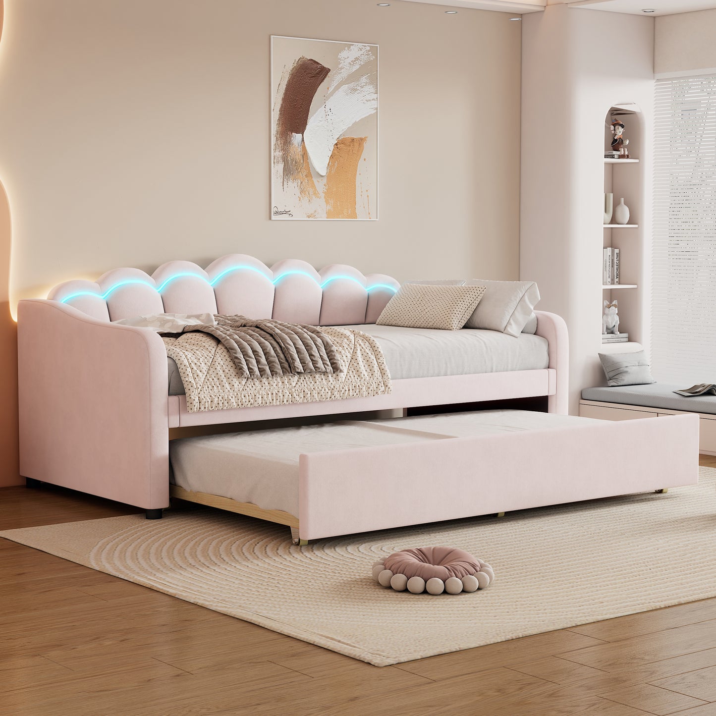 Daybettt, 90x200cm Tagesbett mit ausziehbarem Bett,Schlafsofa, Einzelbett(Ohne Matratze), Samt, farbwechselndes Umgebungslicht, Fernbedienung,minimalistisches Styling,Rosa