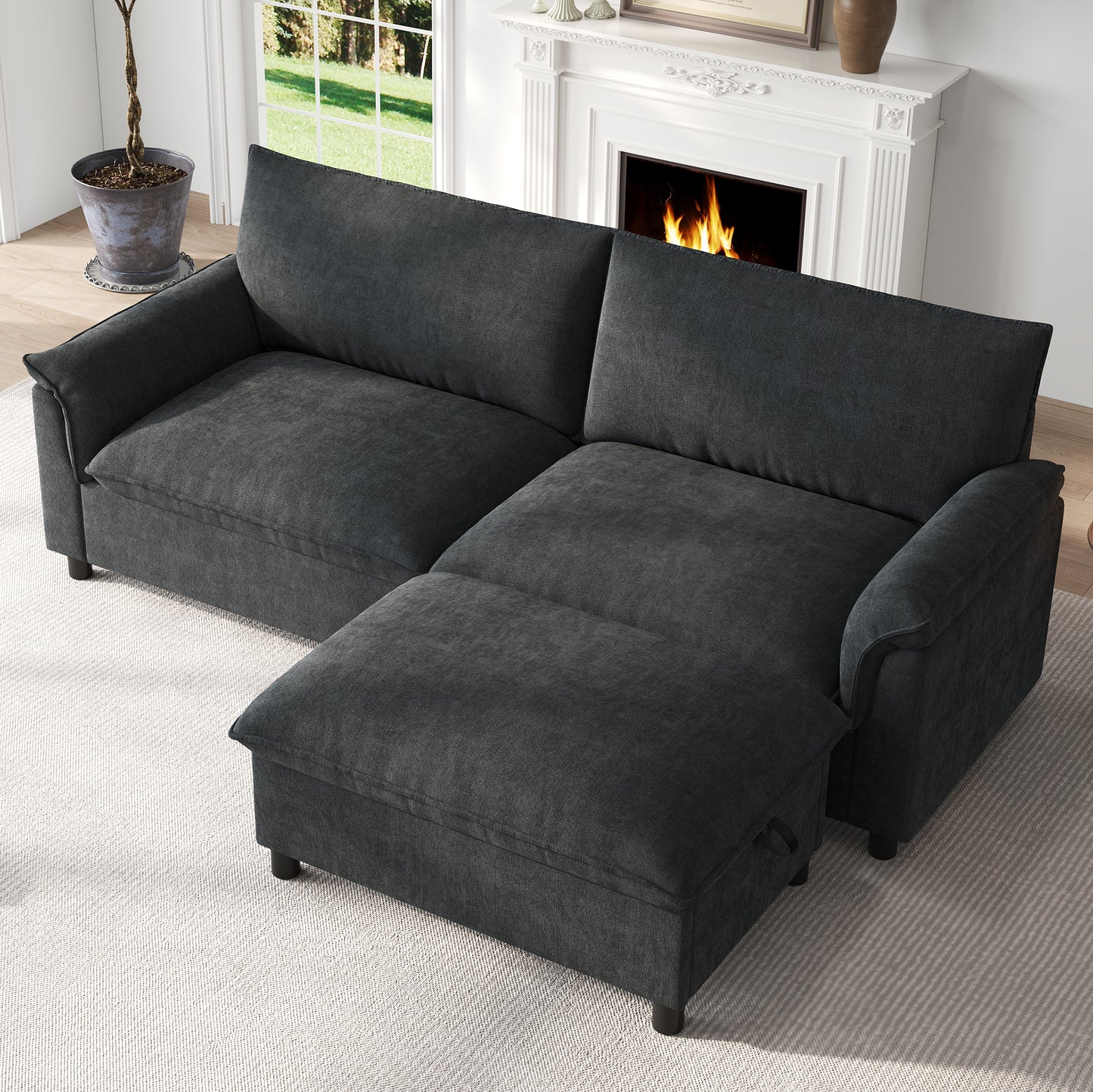 Modulares Cloud-Sectional-Sofa, komfortables Ecksofa für das Wohnzimmer, modernes Deep-Seat-Design, übergroßes Cloud-Sofa, mit 1 beweglichen Fußhocker, hohe Rückenlehne, Schwarz, B216 × H82 × T77 cm
