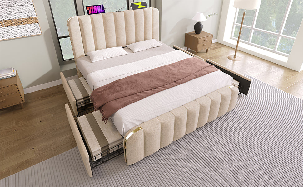 Polsterbett Doppeltes, gepolstertes Kopfteil mit goldenen Zierstreifen und ,USB Typ-C Ladefunktion 140*190 cm, Beige Leinen-Material mit 4 Schubladen ,Belastbarkeit 181 kg (Ohne Matratze)