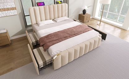 Polsterbett Doppeltes, gepolstertes Kopfteil mit goldenen Zierstreifen und ,USB Typ-C Ladefunktion 140*190 cm, Beige Leinen-Material mit 4 Schubladen ,Belastbarkeit 181 kg (Ohne Matratze)