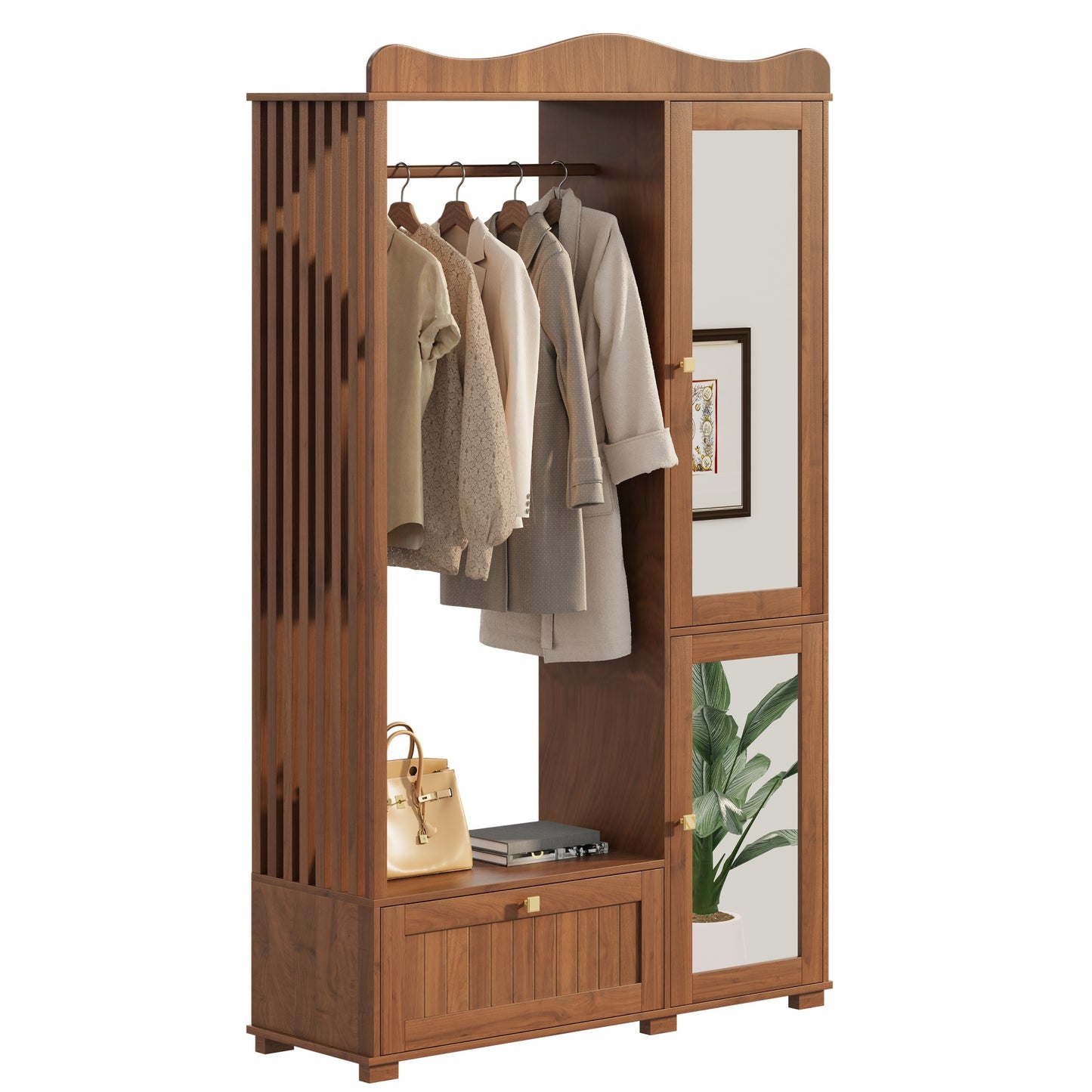 Gigab2b original image - Garderobenschrank mit Spiegel & Offener Kleiderständer – ,Kompaktgarderobe,Praktische Aufbewahrung mit Schublade & 2 Türen, Ideal für Schlafzimmer & Flur