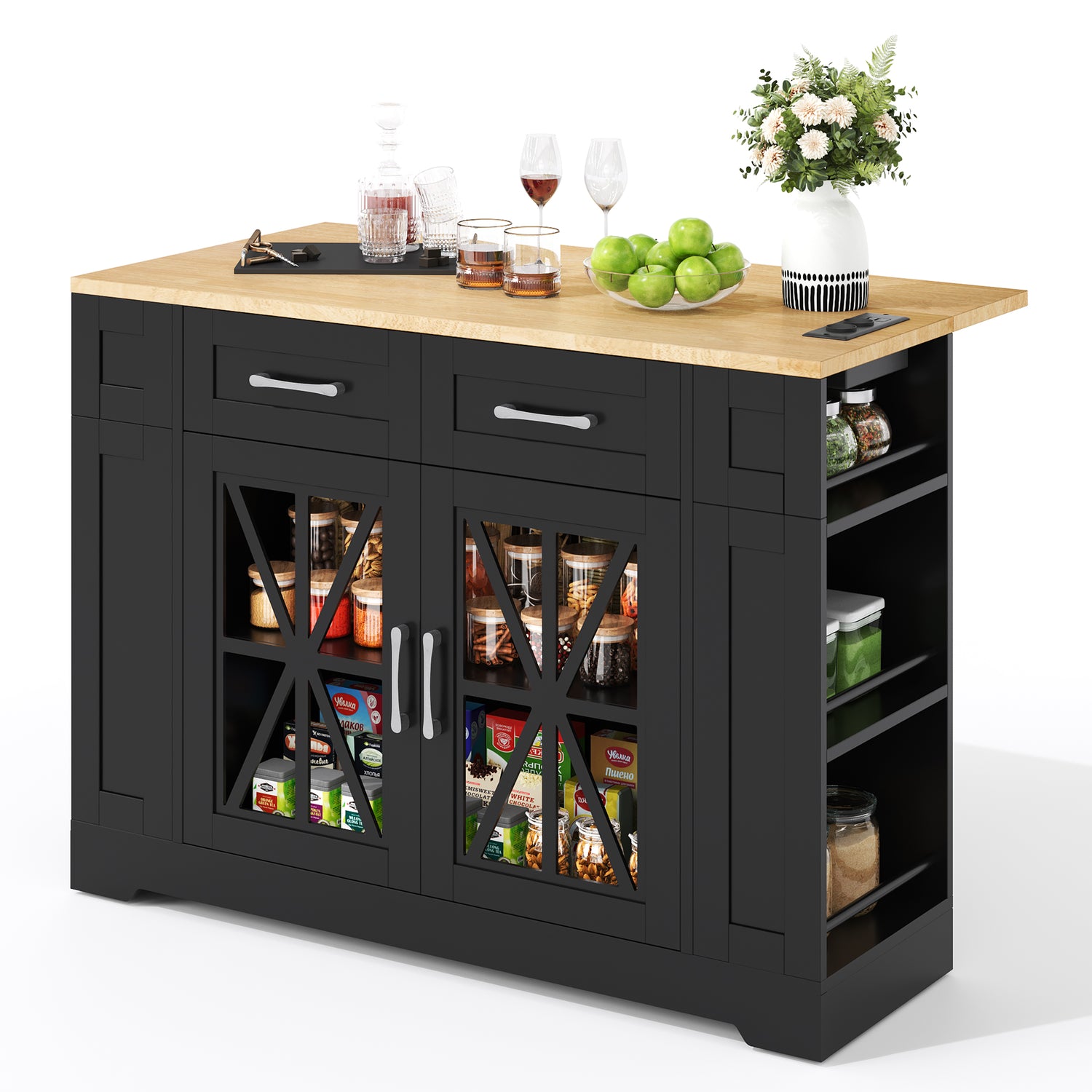 120cm tragbare Kücheninsel mit klappbarem Esstisch, offener Ablage, AC-Anschluss, USB-Anschluss, Glastür, verstellbares Laminat, Rollen mit Bremsen für Küche, Esszimmer, Wohnzimmer und mehr.