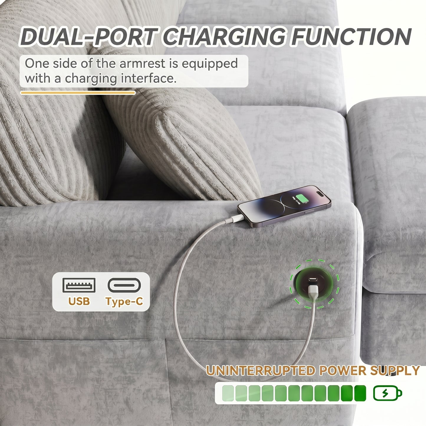 Modernes Sofa mit 1 Fußhocker, 2 quadratischen Kissen, 1 USB-Anschluss und 1 Type-C-Anschluss, Grau (Maße: B223 × H84 × T146 cm)