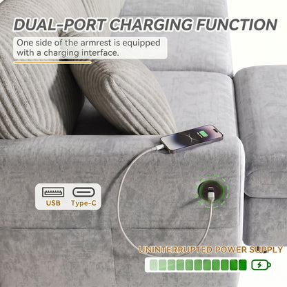 Modernes Sofa mit 1 Fußhocker, 2 quadratischen Kissen, 1 USB-Anschluss und 1 Type-C-Anschluss, Grau (Maße: B223 × H84 × T146 cm)