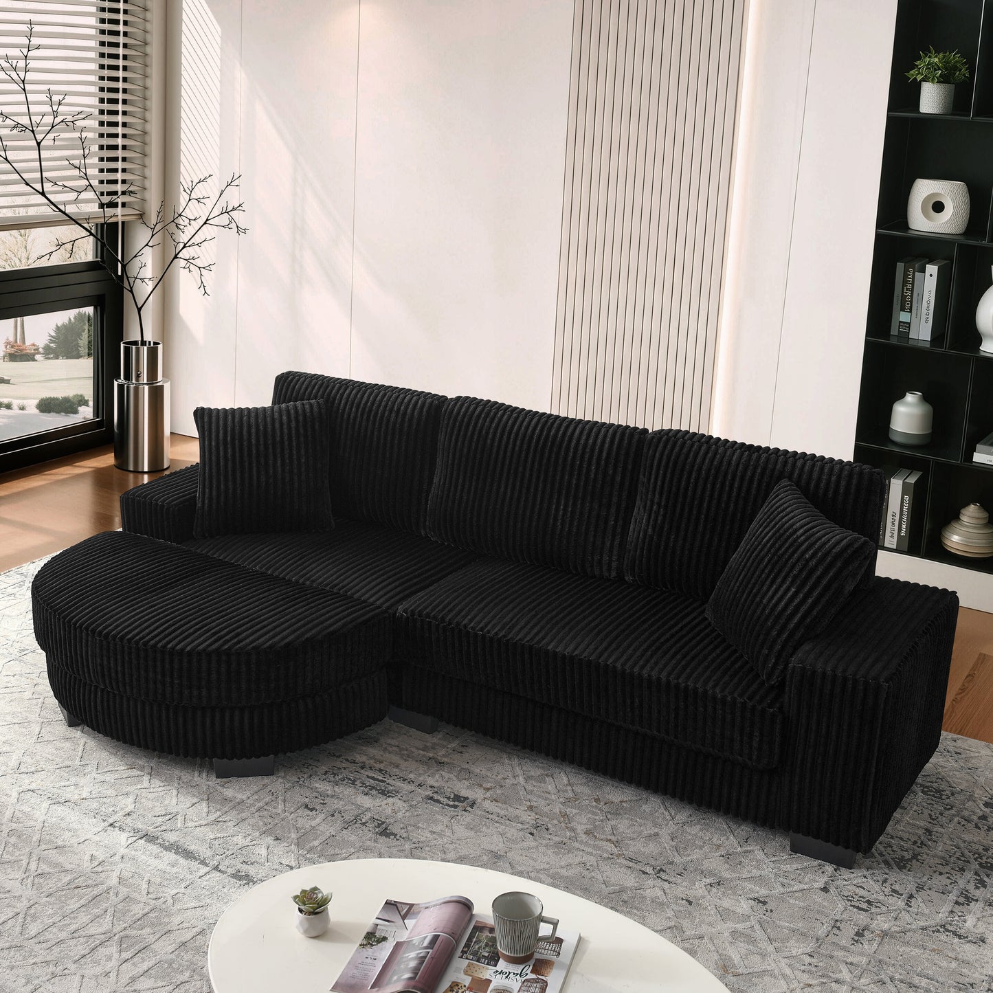 L-formiges Ecksofa 4-Sitzer Sofa, 256 5 x 133 , Klassisches Corduroy, Modulares Design mit Ovalem Hocker, 2