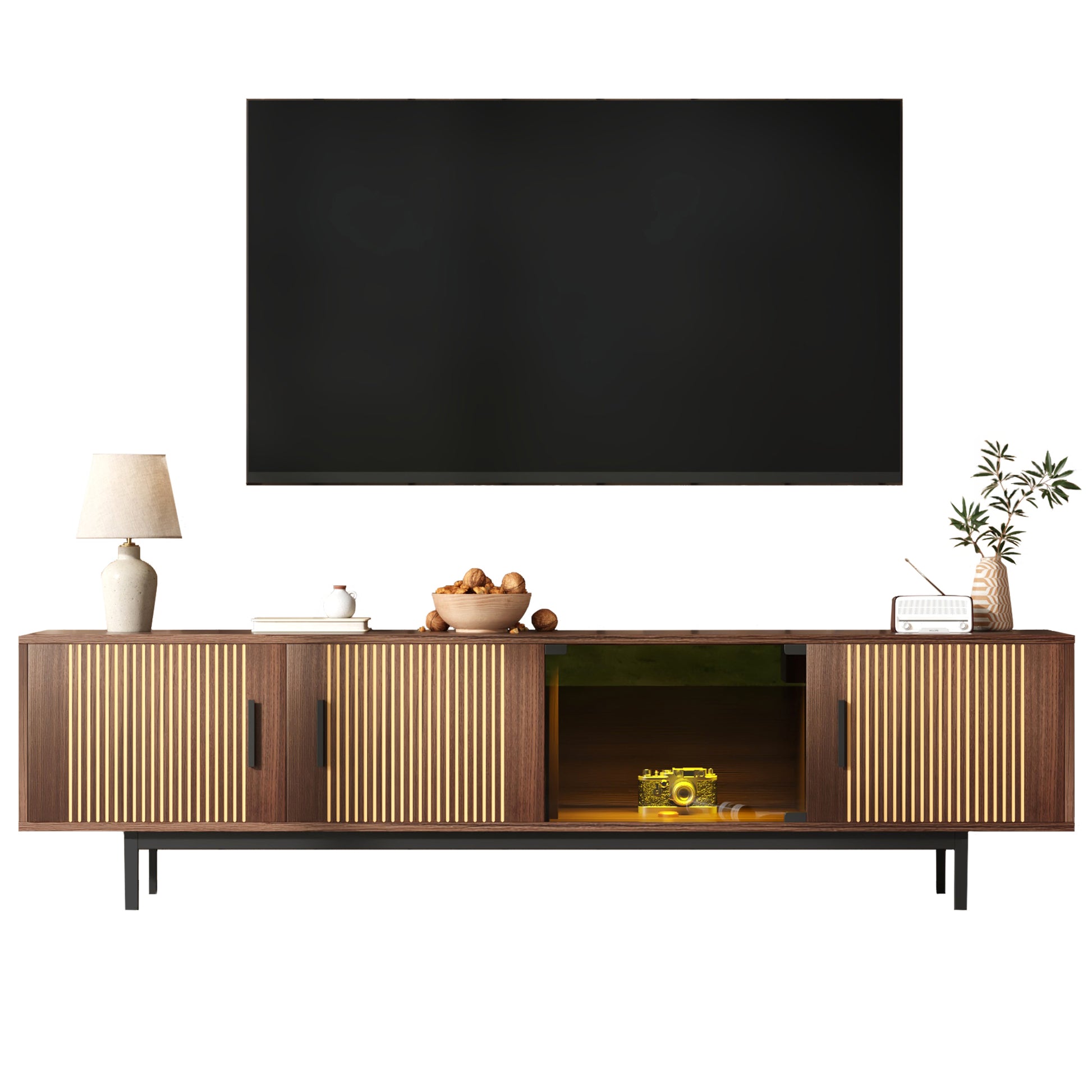 Gigab2b original image - TV-Schrank, lowboard mit geschnitzter Textur, TV-Möbel mit LED-Lichtleiste und Tür aus gehärtetem Glas.