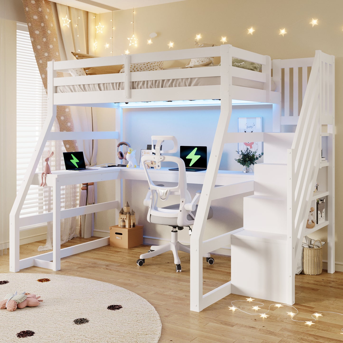90x200 großes Hochbett aus Holz mit Schreibtisch, LED-Beleuchtung, USB-Anschluss und Treppe mit Stauraum, Weiß