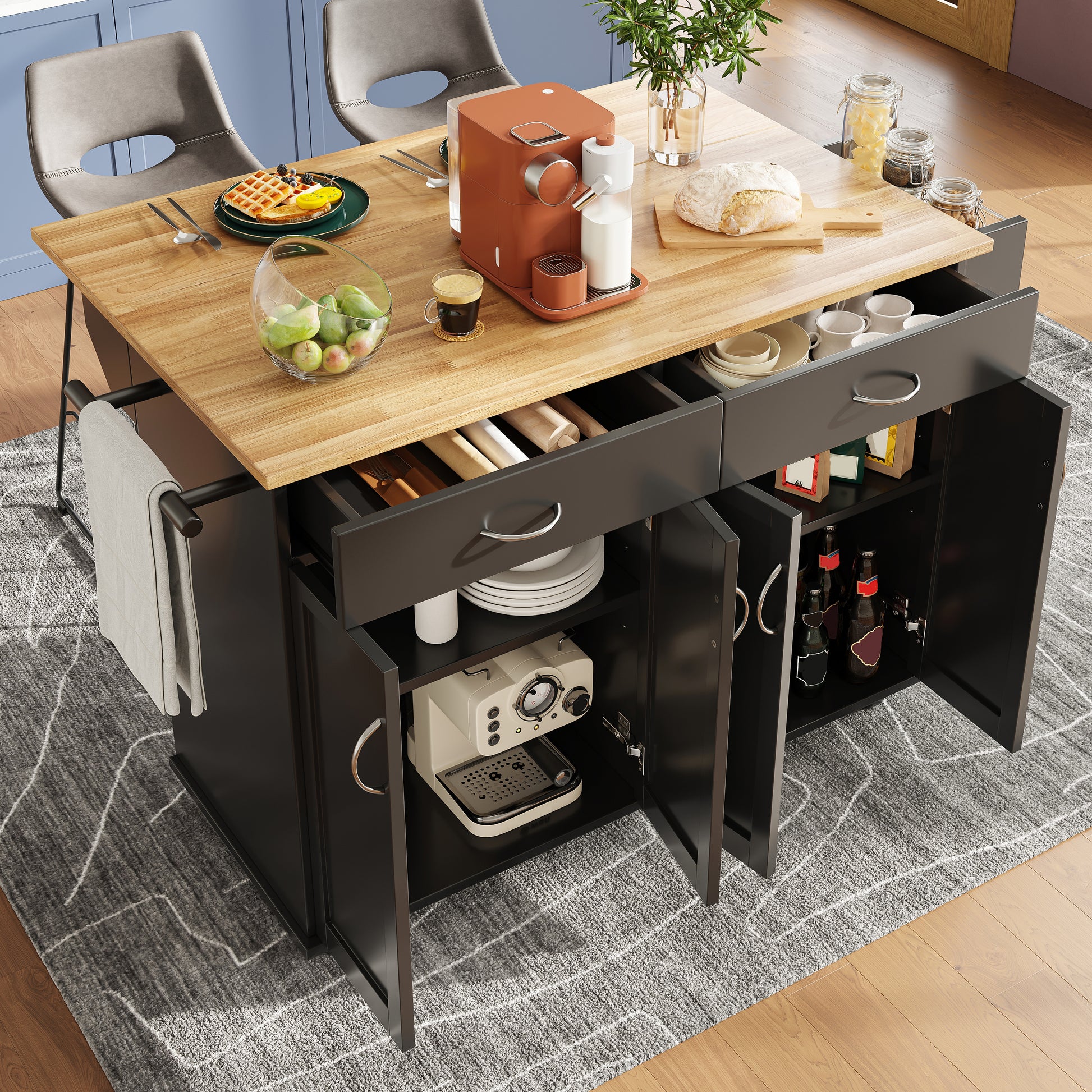 Gigab2b original image - Moderne Kücheninsel (106×50×90.5cm), Küchenschrank, buffetschrank, Speisewagen mit Holzmaserung, buffetschrank, Multifunktionale Esstisch mit Speicherraum, Schwarz