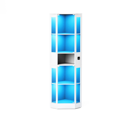Funfstockige Glasvitrine mit Stauraum, LED-Beleuchtung, Glasturen und intelligenten Sensoren Geeignet fur