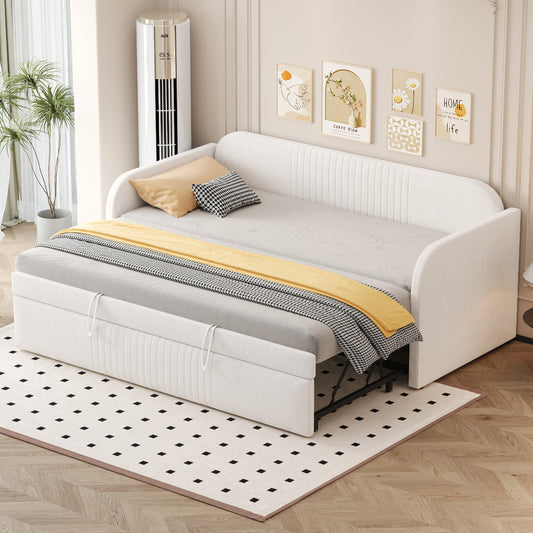 Gigab2b original image - Polsterbett Ausziehbares Schlafsofa 90/180*190 cm, mit vertikalen Streifen, mit Lattenrost, Multifunktionsbett, komfortabler und atmungsaktiver Leinenstoff, Beige (Matratze nicht enthalten)