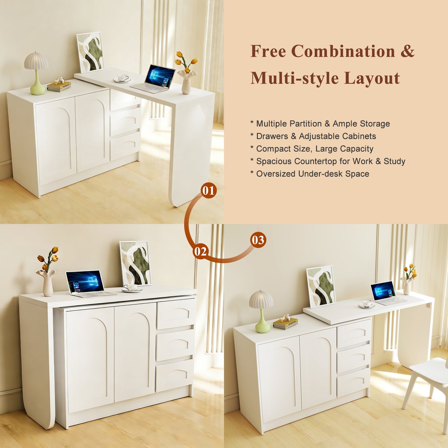 Schreibtisch Drehbar 360°, Moderner L-Form Eckschreibtisch Weiß mit 3 Schubladen und Schrank, Platzsparender Computertisch Arbeitstisch für Home Office & Arbeitszimmer-H75/B110-170/T40cm