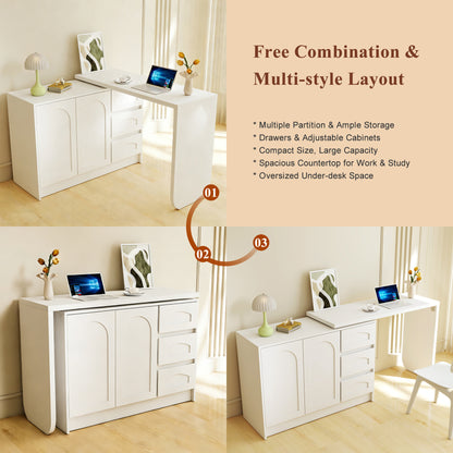 Schreibtisch Drehbar 360°, Moderner L-Form Eckschreibtisch Weiß mit 3 Schubladen und Schrank, Platzsparender Computertisch Arbeitstisch für Home Office & Arbeitszimmer-H75/B110-170/T40cm