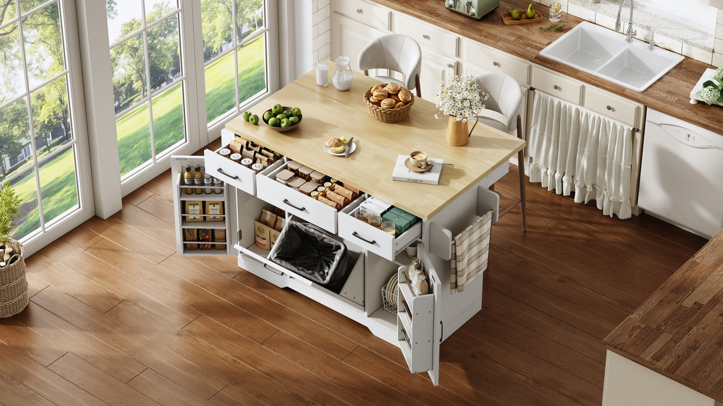 Mobile Kücheninsel mit klappbarer Arbeitsplatte, Küchenwagen, Stauraumschrank, Müllschrank, Buffetschrank mit Gewürzregal, Schublade und Rollen, 120 × 45 (70) × 87 cm