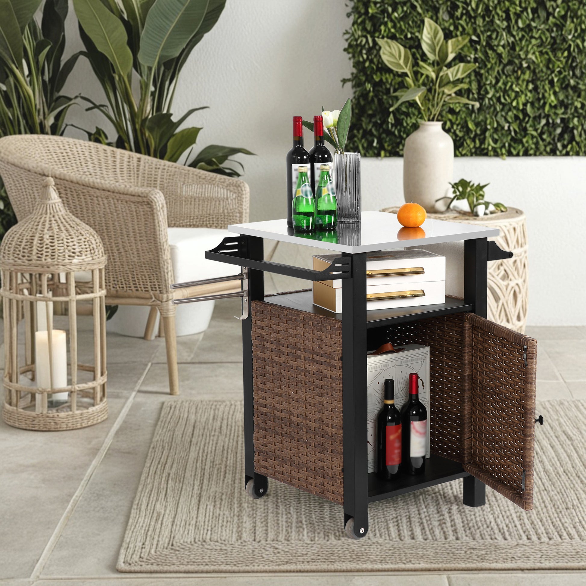 Gigab2b original image - Single door bar cart,Outdoor Kitchen Wicker Island Rolling Cart & Storage Cabinet, Wheels and Stainless Steel Extended Table Top, Side Handle for Patio Kitchen or Bar Cart, Brown
