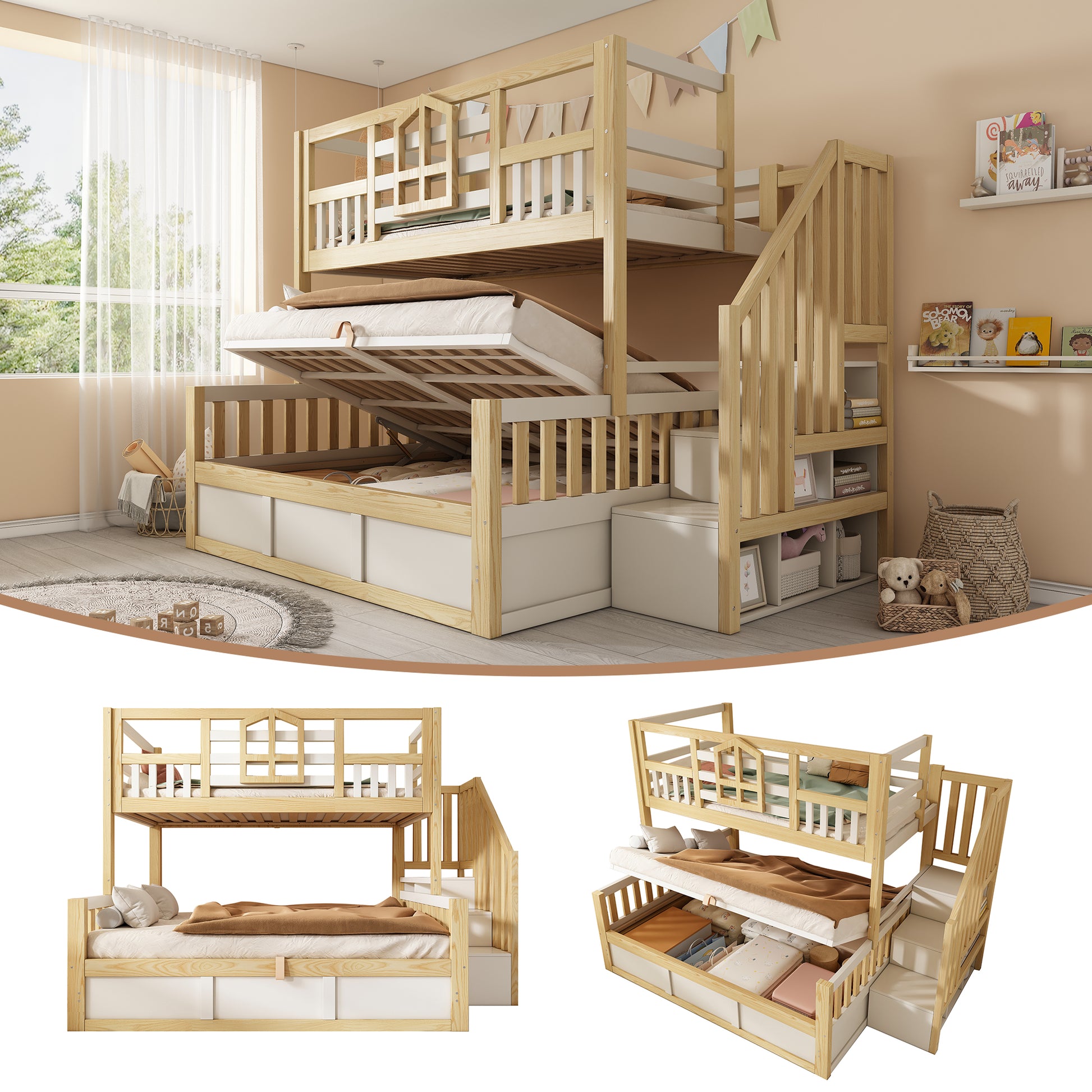 Gigab2b original image - Kinder Etagenbett 90+140x200cm, Hüttenstil Weiß&Naturholz mit Fenster, Sicherheitsgeländer, Treppe mit Stauraum, Hydraulik Bettkasten, Familienbett, EN747(ohne Matratze)