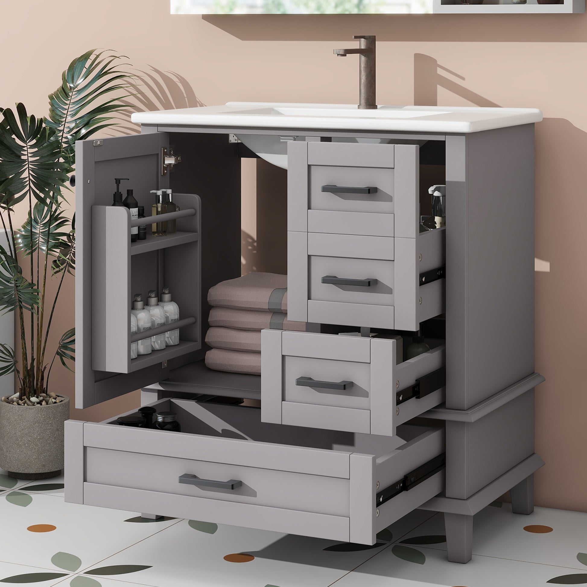 76x46x83,5cm Bodenstehender Badezimmerschrank mit Waschbecken, Waschtisch, Volllackierung, Türregal, drei geräuschlose Schubladen, integriertes Keramikwaschbecken, Grau