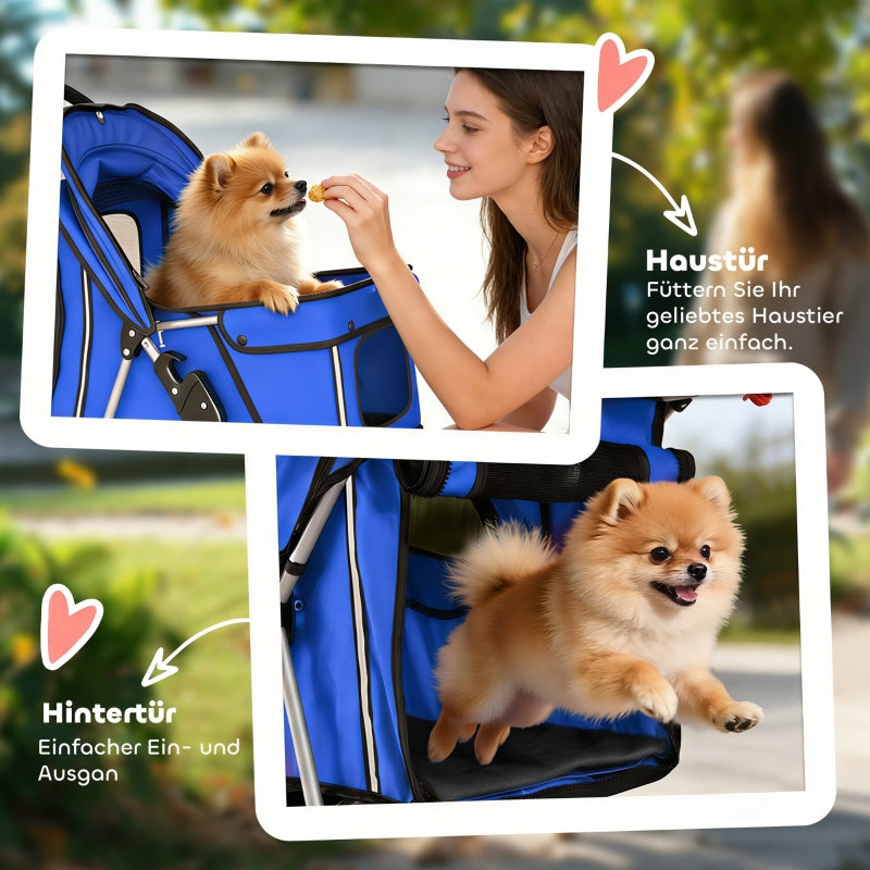 Foldable Blue Pet Stroller with Rain Cover and Reflectors