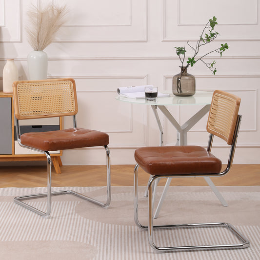 Gigab2b original image - Mittelalterliche moderne Esszimmerstühle, ein Satz von 2-Rattan Esszimmerstühlen mit weichen gepolsterten Kunstlederelementen, armlose Mesh Rückenlehne Rattan Stühle, Metall Chrom Beine(brown)