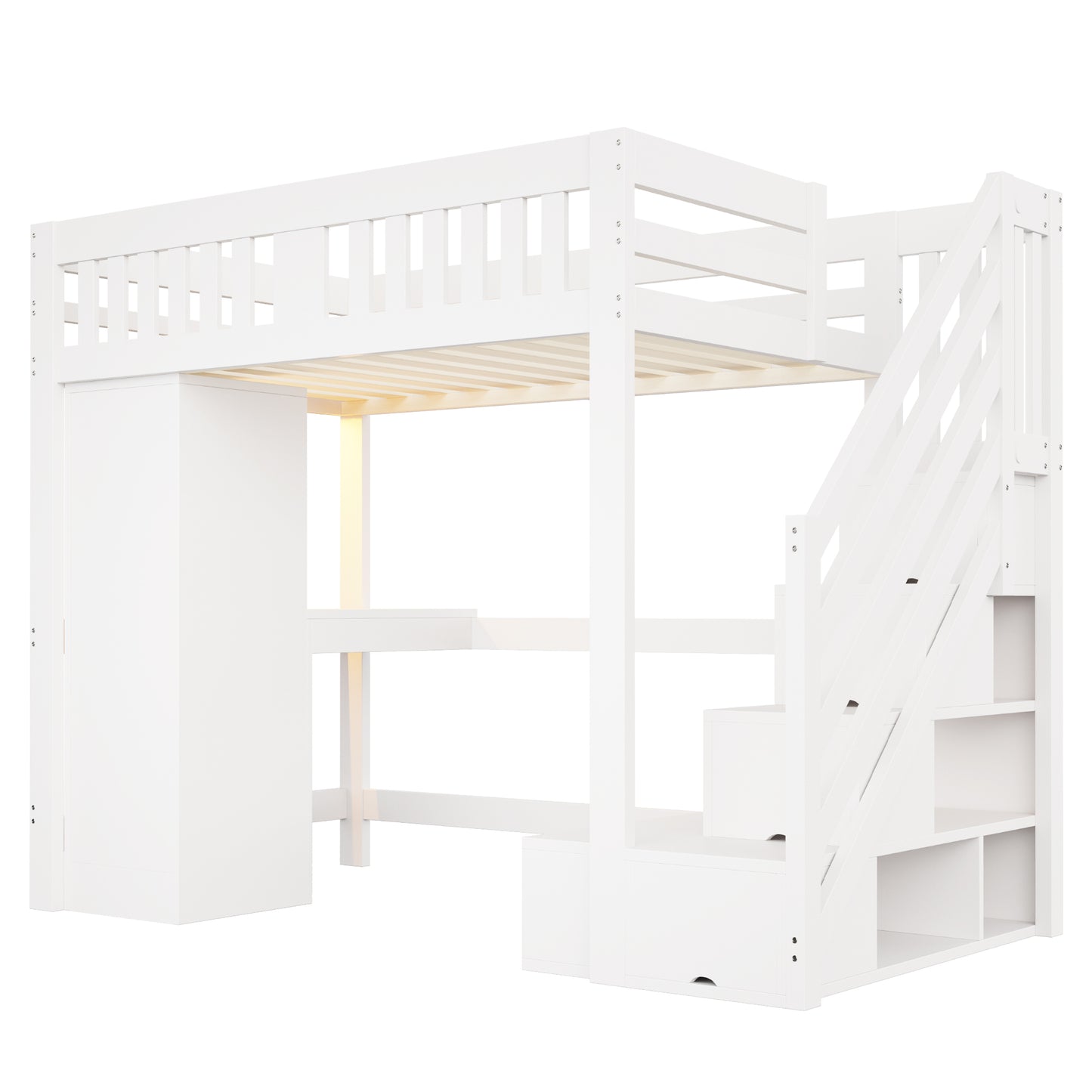 Wooden Bed, Stairs with Storage, and Desk Set