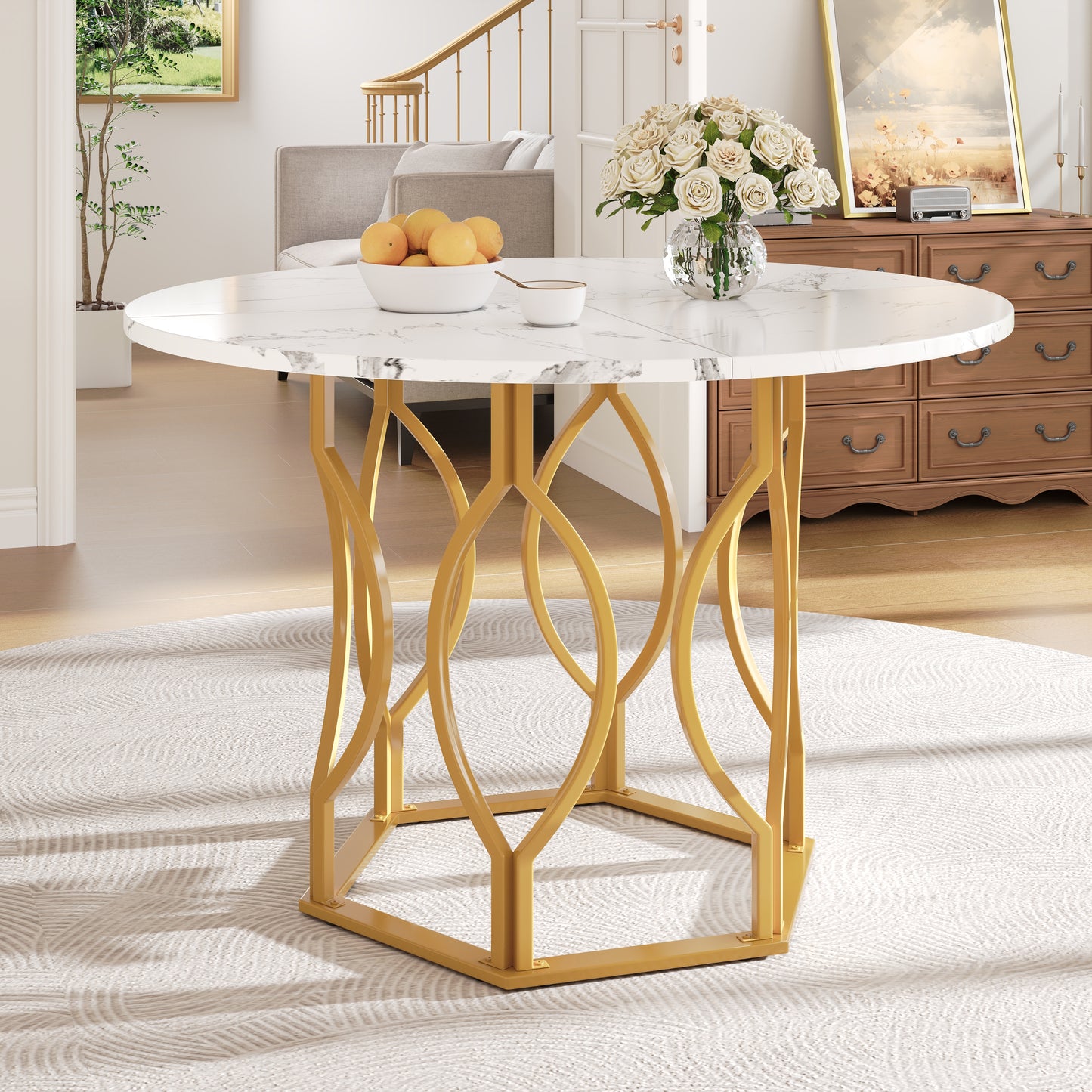 Gigab2b original image - Runder Esstisch (100×100×76cm), Küchentisch,, Runder Kaffeetisch für 4,geeignet für Esszimmer, Wohnzimmer,Tischbeine aus Metall,MDF marmorierte Tischplatte, goldene Beine