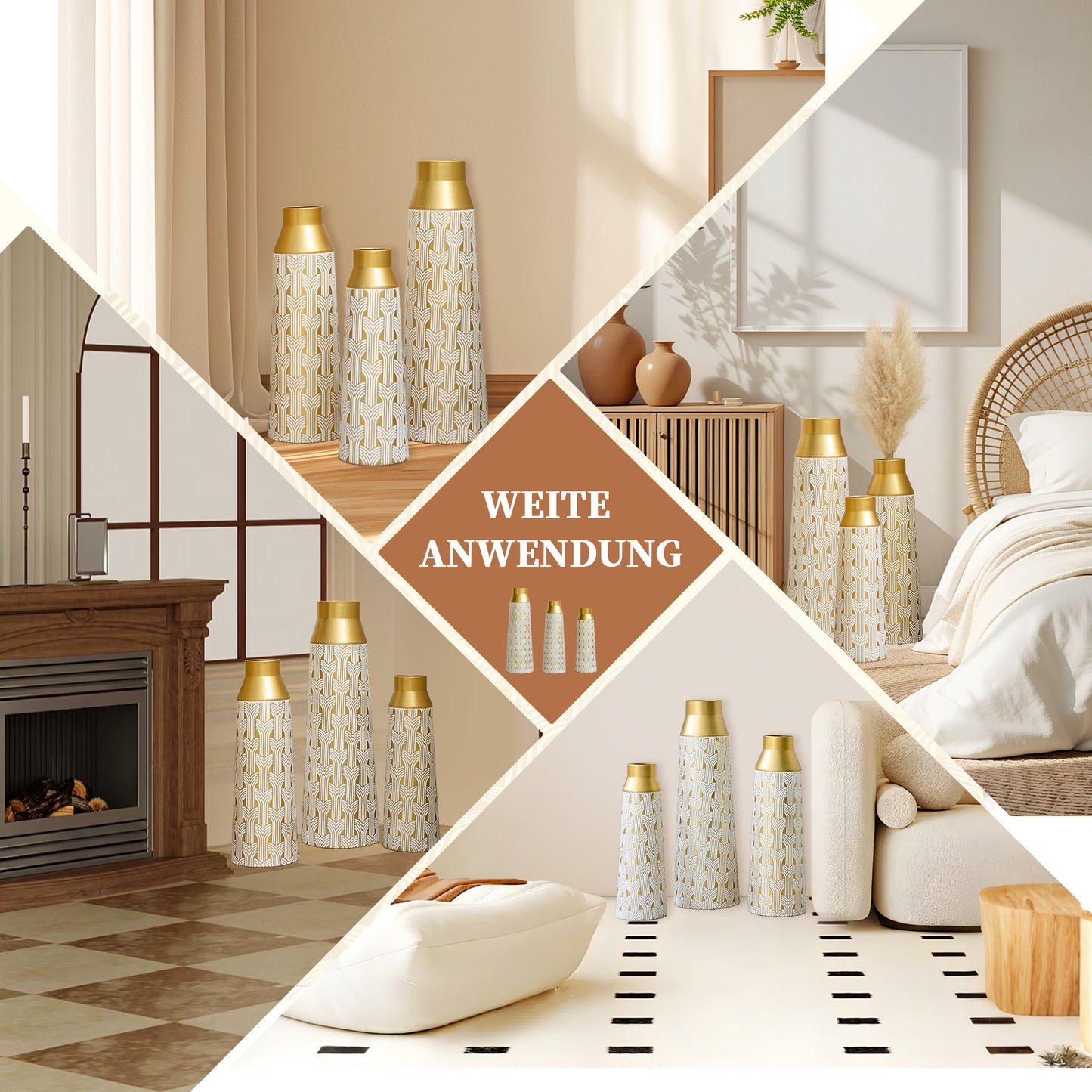 3-Piece Modern Geometric Gold Metal Vase Set