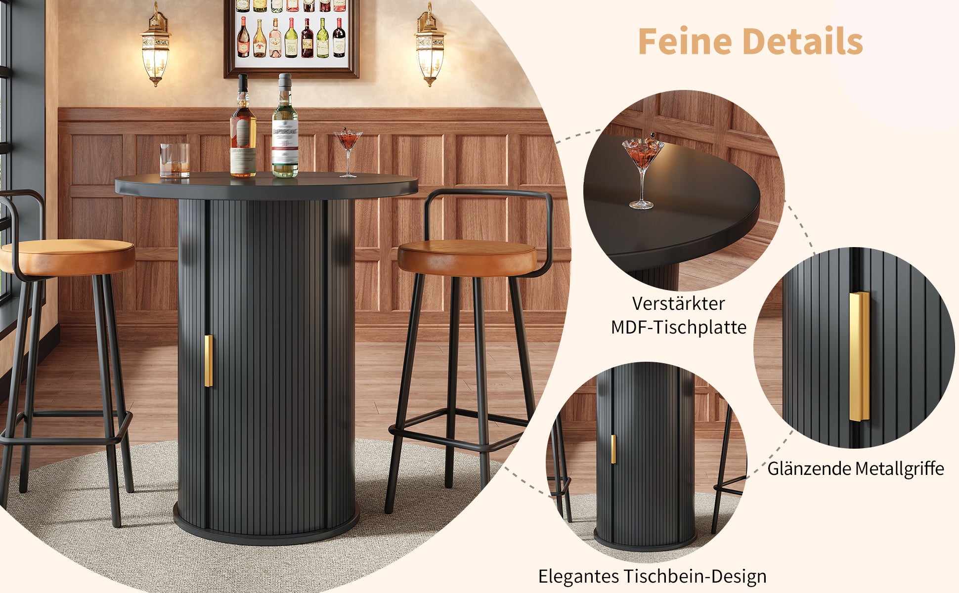 Bartisch-Set mit 2 Barhockern, Runder Stehtisch mit Stauraum & 2 ergonomischen Barhockern, MDF Holzoptik, für Bar & Wohnzimmer