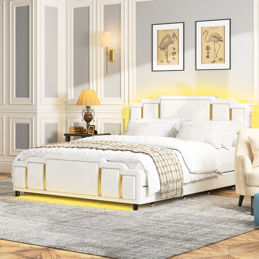 140 x 200 cm großes Polsterbett mit Schubladen, beiger Samtbezug, Doppelbett, mit goldener Zierleiste an Kopf- und Fußteil, einzigartiges Design,