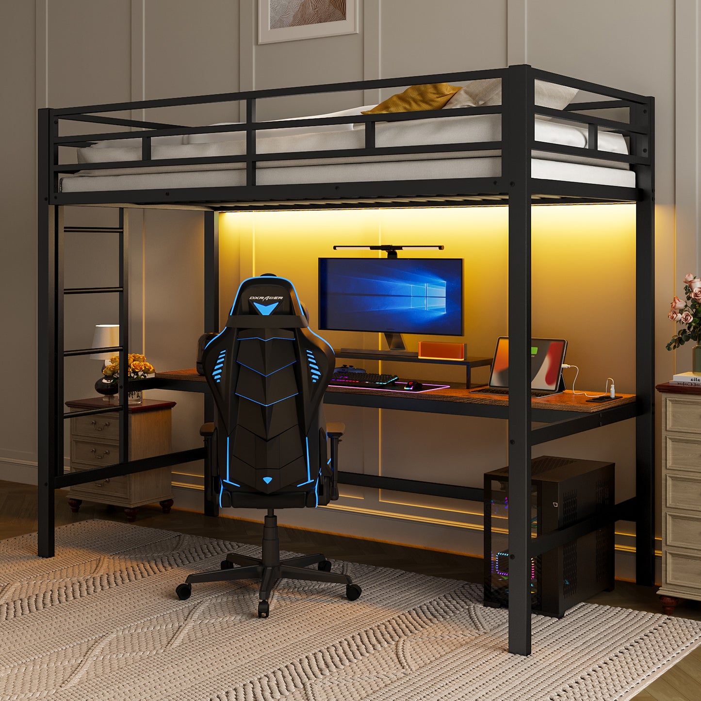 Gigab2b original image - Hochbett, 90*200 cm, Geländer, Trittleiter, Tisch mit USB und Steckdose, Wire Control Light Strip, App-fähiges, Mit LED-Leuchten, en747-konform, ohne Matratze, Metall, Schwarz