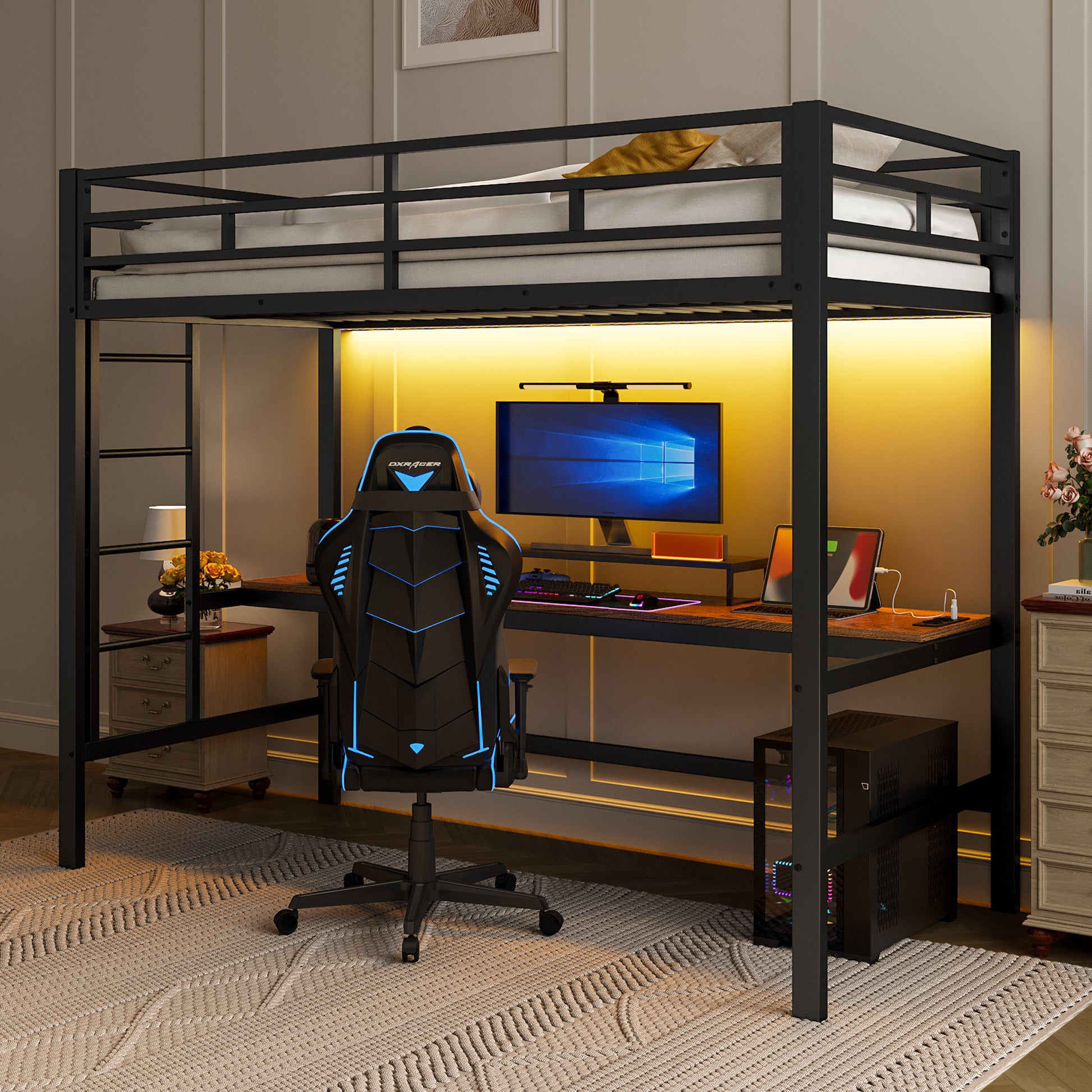 Gigab2b original image - Hochbett, 90*200 cm, Geländer, Trittleiter, Tisch mit USB und Steckdose, Wire Control Light Strip, App-fähiges, Mit LED-Leuchten, en747-konform, ohne Matratze, Metall, Schwarz