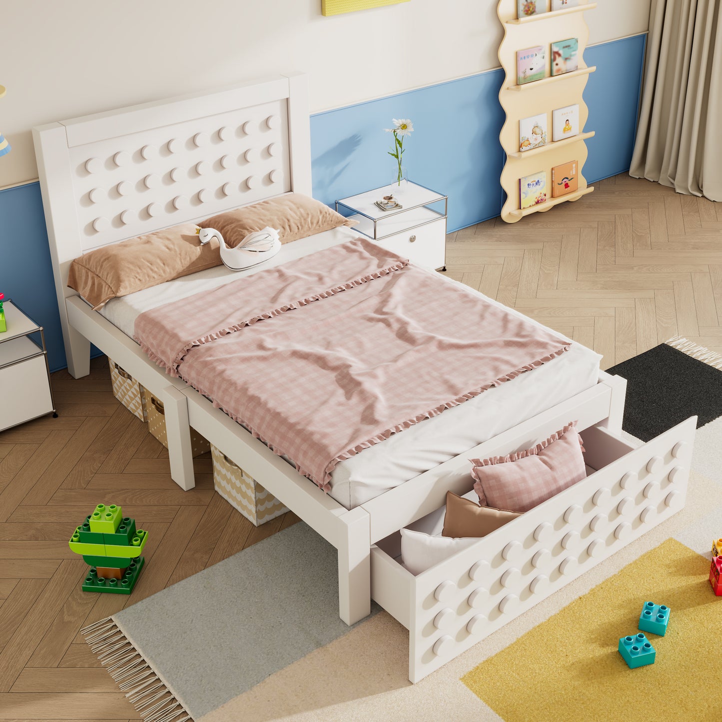 Gigab2b original image - Holzbett Einzelbett 90x200 cm, Kinderbett Jugendbett mit Kreativem Block Design, Massivholz Bettgestell mit Lattenrost, mit Schubladen & Unterm Bett Stauraum, Weiß, Ohne Matratze