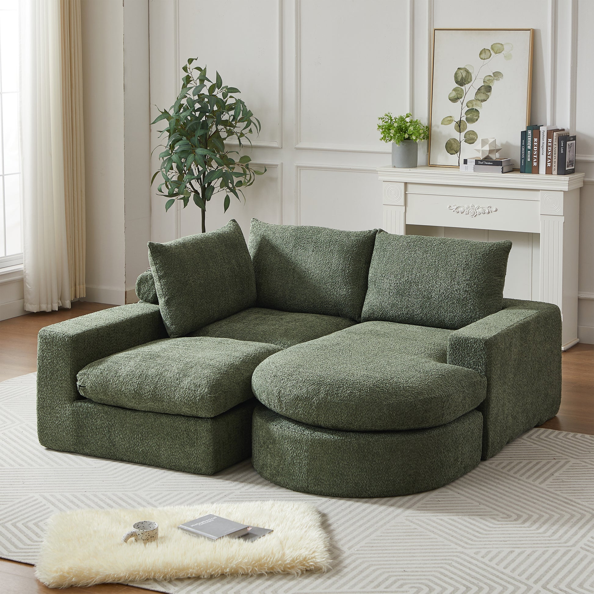 Chenille-Sofa mit gebogenen Elementen und Liegestuhl, vollständig komprimiert und ohne Gestell, modulares Kombinationssofa L-Liegestuhl, Schaumstoff-Kompressionssofa, keine Montage erforderlich