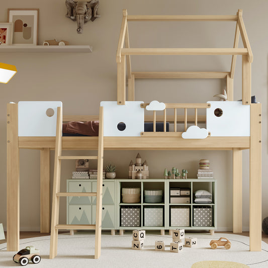 Gigab2b original image - Hochbett, Kinderbett mit Fallschutz und Gitter, Einzigartiges Dachdesign, Mit Dreistufige Schrägleiter, Rahmen aus Kiefer, Kiefer+MDF+Sperrholz, Weiß+Natur, 90x200cm