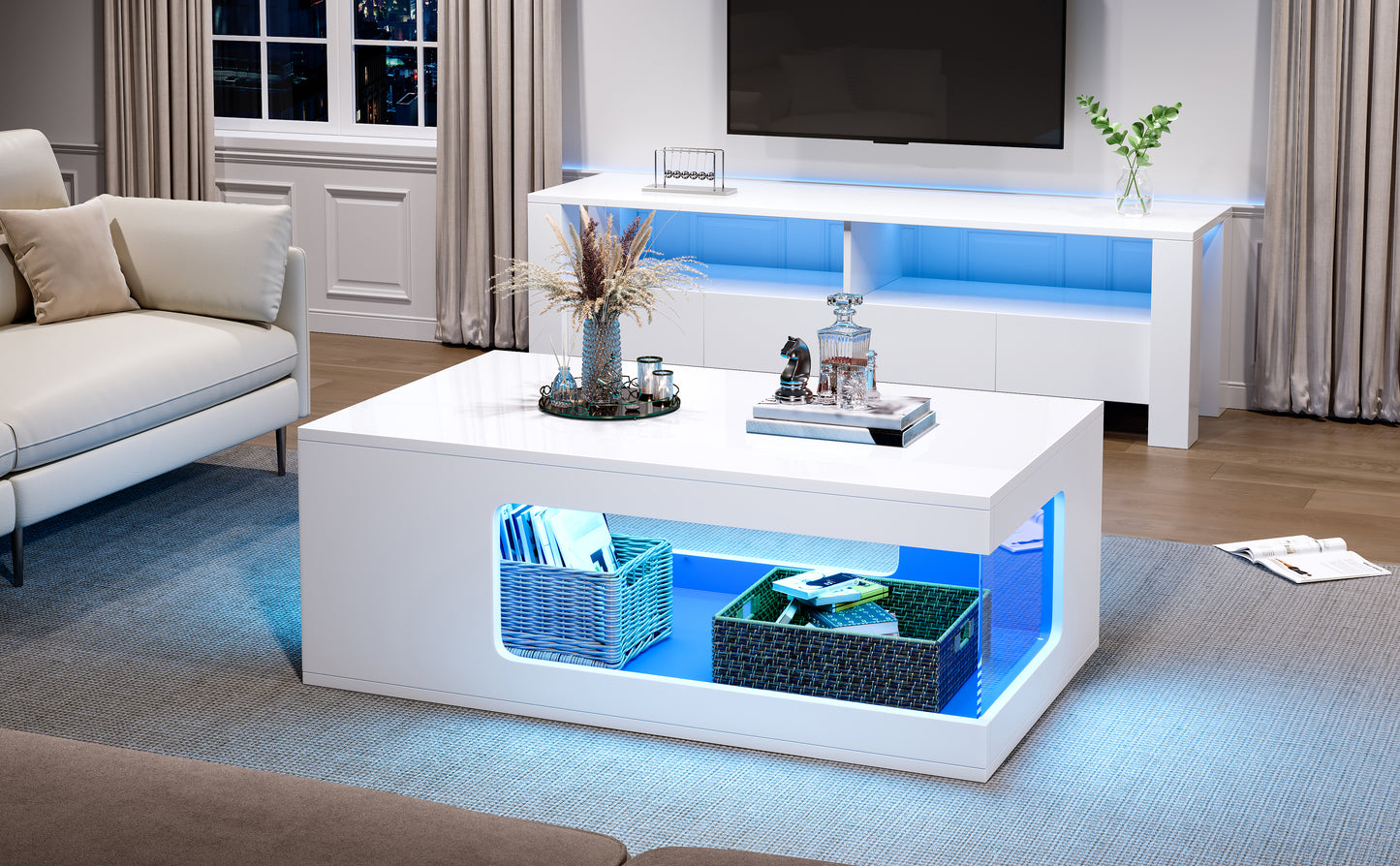 Wohnzimmer-Couchtisch 50*100*35cm, durchbrochener Teetisch, großer Hochglanz-kaffeetisch mit Ablageflächen aus gehärtetem Glas auf beiden Seiten, Beistelltisch mit LED-Lichtleiste, weiß, Spanplatte.