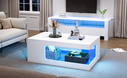 Wohnzimmer-Couchtisch 50*100*35cm, durchbrochener Teetisch, großer Hochglanz-kaffeetisch mit Ablageflächen aus gehärtetem Glas auf beiden Seiten, Beistelltisch mit LED-Lichtleiste, weiß, Spanplatte.