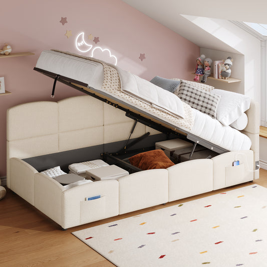 Gigab2b original image - Polsterbett, Kinderbett,Einzelbett, Stauraumbett, Schlafsofa 90x200 cm, mit Lattenrost,Bouclé-Stoff, USB-Ladegerät, Stautasche, Jugendbett und Erwachsenen-Kinderbett, beige (ohne Matratze)